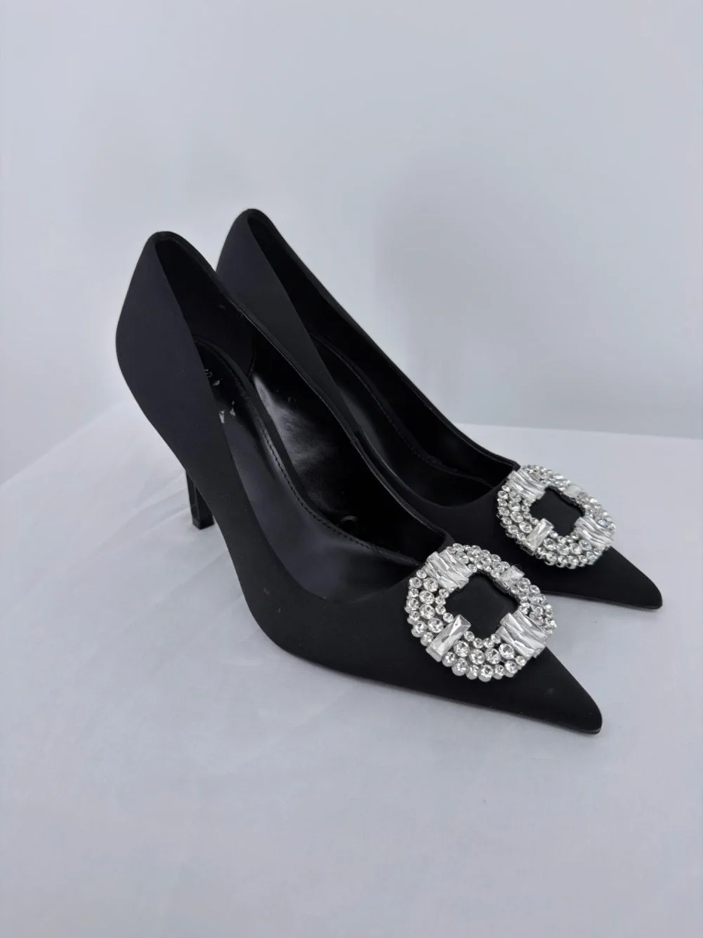 Mango Black Satin Heels Rhinestone Buckle Pumps Size 40 EU Pointed Toe 4” Heel